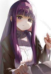 Rule 34 | 1boy, 1girl, :t, absurdres, black robe, chantsunyuen1997, clenched hands, closed mouth, dress, fern (sousou no frieren), highres, long hair, looking at viewer, pout, puffy cheeks, purple eyes, purple hair, robe, solo focus, sousou no frieren, stark (sousou no frieren), white dress