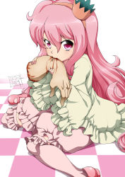 Rule 34 | 1girl, cannibalism, eating, highres, laces, long hair, looking at viewer, pink eyes, pink hair, serious, shoes, sitting, solo, thighhighs, zeshgolden