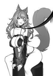 Rule 34 | 1girl, animal ear fluff, animal ears, artist name, bikini, bow, braid, brassica, breasts, chest strap, choker, cleavage, collarbone, commission, detached sleeves, facial mark, greyscale, hair bow, heart, heart choker, highres, large breasts, long hair, monochrome, original, sitting, solo, squirrel ears, squirrel girl, squirrel tail, swimsuit, tail, tongue, whisker markings