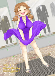 Rule 34 | 1girl, absurdres, bare legs, bare shoulders, blush, breasts, brown hair, cleavage, closed eyes, clothes shop, cosplay, dated, dress, earrings, grate, hair bobbles, hair ornament, halter dress, halterneck, happy birthday, high heel sandals, high heels, highres, idolmaster, idolmaster cinderella girls, jewelry, katagiri sanae, large breasts, low twintails, marilyn monroe, marilyn monroe (cosplay), nail polish, necklace, open mouth, pearl necklace, pleated dress, purple dress, road, scene reference, short twintails, smile, street, the seven-year itch, toeless footwear, toenail polish, toenails, twintails, vent (object), waikaze, white footwear, wind, wind lift