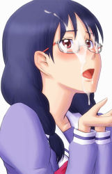 Rule 34 | 1girl, blue hair, blush, bonnie (rsg), brown eyes, collared shirt, cum, cum on eyewear, cum on hair, cupping hands, facial, female focus, glasses, go! princess precure, grey-framed eyewear, hair over shoulder, long hair, long sleeves, looking up, nanase yui, open mouth, own hands together, precure, purple shirt, red eyes, sailor collar, sailor shirt, school uniform, semi-rimless eyewear, shirt, simple background, solo, tongue, under-rim eyewear, white background, white sailor collar