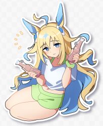 Rule 34 | 1girl, absurdres, ahoge, animal ears, blonde hair, blush, breasts, closed mouth, colored inner hair, gaze on me! outfit (umamusume), green shorts, highres, horse ears, kuroto mato, long hair, looking at viewer, midriff, multicolored hair, neo universe (umamusume), notice lines, outline, papico (ice cream), scrunchie, shirt, short sleeves, shorts, small breasts, smile, solo, two side up, umamusume, white background, white outline, white shirt, wrist scrunchie