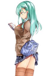 Rule 34 | 10s, 1girl, accidental exposure, ascot, ass, bag, blazer, blue skirt, breasts, brown jacket, brown legwear, byte (allbyte), cellphone, closed mouth, clothes lift, collared shirt, cowboy shot, duffel bag, earphones, from side, green eyes, green hair, highres, holding, holding phone, jacket, kantai collection, long hair, long sleeves, looking at phone, matching hair/eyes, medium breasts, orange ascot, panties, pantyshot, partially unzipped, phone, profile, school bag, school uniform, shiny skin, shirt, simple background, skirt, skirt lift, sleeves past wrists, smartphone, solo, standing, striped clothes, striped legwear, striped thighhighs, suzuya (kancolle), sweater, thighhighs, thighs, underwear, wardrobe malfunction, white background, wing collar, zipper
