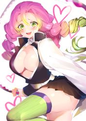 Rule 34 | 1girl, absurdres, blush, braid, breasts, cleavage, cowboy shot, gradient hair, green thighhighs, heart, highres, hoerutarou, holding, holding sword, holding weapon, kanroji mitsuri, kimetsu no yaiba, large breasts, legs, long hair, looking at viewer, mole, mole under eye, multicolored hair, open clothes, open mouth, open shirt, pink hair, pleated skirt, skirt, solo, sword, teeth, thighhighs, thighs, twin braids, two-tone hair, uniform, weapon, white background