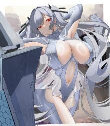 Rule 34 | 1girl, absurdres, arms behind head, bodysuit, breasts, cinderella (nikke), cleavage, cleavage cutout, closed mouth, clothing cutout, frown, goddess of victory: nikke, grey bodysuit, grey hair, highres, large breasts, leg cutout, long hair, navel, navel cutout, phantasmaliagon, red eyes, solo, twintails, very long hair