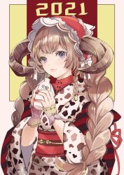 Rule 34 | 1girl, 2021, animal print, bell, black ribbon, bottle, bow, brown hair, brown horns, closed mouth, commentary request, cow girl, cow print, eyelashes, hair ornament, hands up, high collar, highres, holding, holding bottle, horns, japanese clothes, kimono, lips, long hair, milk bottle, multicolored background, nail polish, obi, original, purple eyes, quad braids, red background, red headwear, red nails, red ribbon, red sash, red shirt, ribbon, sakuragi kei, sash, shirt, simple background, sleeves past elbows, solo, twintails, upper body, white background, white bow, wide sleeves, yellow background