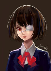 Rule 34 | 1girl, another, bad id, bad pixiv id, black hair, closed mouth, commentary request, eyepatch, highres, lipstick, looking at viewer, makeup, misaki mei, red eyes, school uniform, short hair, simple background, solo, youotaku