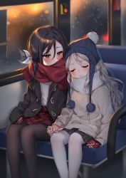 Rule 34 | 2girls, black hair, black jacket, black legwear, black skirt, blue headwear, blush, brown eyes, closed eyes, commentary request, covered mouth, feet out of frame, hair between eyes, hair ribbon, hajin, highres, holding hands, indoors, jacket, long hair, long sleeves, miniskirt, mittens, multiple girls, open clothes, open jacket, original, pantyhose, parted lips, plaid, plaid skirt, pleated skirt, pom pom (clothes), red mittens, red scarf, red skirt, reflection, ribbon, scarf, seat, silver hair, sitting, skirt, sleeping, sleeves past wrists, sweater, thighs, white legwear, white ribbon, white scarf, white sweater, window, yuri