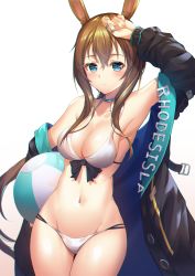 Rule 34 | 1girl, amiya (arknights), animal ears, arknights, arm up, armpits, ball, bare shoulders, beachball, bikini, black bow, black jacket, blue eyes, blush, bow, bow bikini, breasts, brown background, brown hair, carrying, carrying under arm, cleavage, closed mouth, collarbone, fingernails, gluteal fold, gradient background, groin, hair between eyes, highres, hyonee, jacket, jewelry, long hair, long sleeves, medium breasts, navel, open clothes, open jacket, puffy long sleeves, puffy sleeves, rabbit ears, ring, sidelocks, solo, swimsuit, thigh gap, very long hair, white background, white bikini