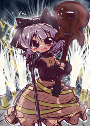 Rule 34 | 1girl, :3, aerial fireworks, bow, dress, fang, female focus, fireworks, guitar, hair bow, instrument, kurodani yamame, left 4 dead, left 4 dead 2, microphone, microphone stand, muuba, purple hair, short hair, sketch, solo, stage, touhou