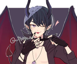 Rule 34 | 1boy, ;p, black gloves, black hair, black nails, black shirt, closed mouth, collared shirt, demon boy, demon horns, demon tail, demon wings, dress shirt, earrings, fingerless gloves, gloves, grey background, hair between eyes, hands up, heart, highres, horns, jewelry, long sleeves, looking at viewer, male focus, marius von hagen (tears of themis), mtkignsn, nail polish, one eye closed, open clothes, open shirt, pointy ears, purple eyes, red wings, shirt, smile, solo, stud earrings, tail, tears of themis, thick eyebrows, tongue, tongue out, twitter username, two-tone background, white background, wings