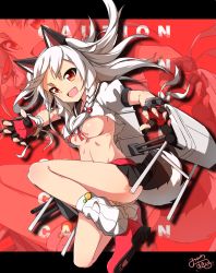 Rule 34 | &gt;:d, 1girl, :d, animal ears, azur lane, black skirt, braid, breasts, caution, claw pose, collarbone, commentary request, crop top, crop top overhang, fake animal ears, fang, fingerless gloves, fingernails, gloves, hair ornament, highres, leg up, letterboxed, long hair, looking at viewer, machinery, medium breasts, midriff, minowa sukyaru, open mouth, paw print, pleated skirt, red eyes, red footwear, rigging, rudder footwear, school uniform, serafuku, sharp fingernails, shirt, sidelocks, signature, skirt, smile, socks, striped clothes, striped legwear, striped socks, tail, thick eyebrows, torpedo tubes, turret, two side up, underboob, v-shaped eyebrows, vertical-striped clothes, vertical-striped legwear, vertical-striped socks, white hair, white legwear, white shirt, yuudachi (azur lane)