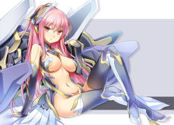Rule 34 | 1girl, 47agdragon, bare shoulders, black thighhighs, boots, breasts, center opening, hair between eyes, high heel boots, high heels, large breasts, long hair, looking at viewer, mecha musume, mechanical wings, no bra, original, pink eyes, pink hair, sitting, sleeveless, solo, thigh boots, thighhighs, wings