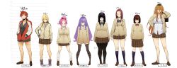 Rule 34 | 6+girls, breasts, blowing bubbles, chewing gum, concept art, delinquent, female focus, full body, height chart, highres, large breasts, lineup, long hair, mojo, multiple girls, pantyhose, school uniform, skirt, standing, suruga kreuz, thighhighs, tomboy, very long hair