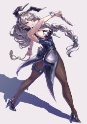 Rule 34 | 1girl, bare shoulders, black leotard, blue eyes, breasts, chain, chain between breasts, cleavage, commission, dagger, fishnet pantyhose, fishnets, full body, grey hair, high heels, highres, holding, holding dagger, holding knife, holding pocket watch, holding weapon, key, knife, large breasts, leotard, long hair, nontraditional playboy bunny, original, pantyhose, pocket watch, pointy ears, shouma (bravespiritya), skeb commission, solo, thigh strap, very long hair, watch, weapon, wrist cuffs