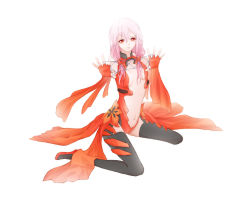 Rule 34 | 10s, 1girl, bare shoulders, black thighhighs, breasts, cat&#039;s cradle, center opening, cleavage, detached sleeves, elbow gloves, fingerless gloves, gloves, guilty crown, hair ornament, hairclip, long hair, looking at viewer, navel, pink hair, pupepo, red eyes, sitting, solo, thighhighs, twintails, wariza, yuzuriha inori