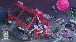 Rule 34 | 5girls, aircraft, blue dress, blue hair, brown hair, building, car, vehicle chase, car crash, character name, copyright name, dress, female focus, fire truck, full moon, grand theft auto, grand theft auto: san andreas, green hair, hakurei reimu, hat, helicopter, highres, izayoi sakuya, left-hand drive, maid, mk-5, moon, motor vehicle, multiple girls, night, onozuka komachi, open mouth, parody, pink dress, police car, red dress, red hair, red moon, remilia scarlet, rockstar, scythe, shiki eiki, skyscraper, spear the gungnir, touhou, truck, twintails, two side up, upskirt, vehicle, vehicle focus