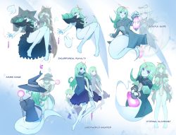 Rule 34 | 1girl, :d, bare legs, barefoot, blue (nanostar), blue skin, blunt bangs, bottomless, capelet, colored skin, commentary, drill hair, ghost, ghost (monster girl encyclopedia), ghost tail, green hair, hat, highres, hitodama, lantern, legs, long hair, looking at viewer, monster girl encyclopedia, multiple views, nanostar, open mouth, original, pointy ears, purple eyes, robe, simple background, smile, staff, twin drills, veil, witch hat