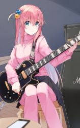 Rule 34 | 1girl, absurdres, black skirt, blue eyes, bocchi the rock!, cable, cellphone, closed mouth, cube hair ornament, electric guitar, gibson les paul, gotoh hitori, guitar, hair ornament, high collar, highres, instrument, jacket, long hair, long sleeves, looking at viewer, music, on chair, pants, pants under skirt, phone, pink hair, pink pants, playing instrument, pleated skirt, sitting, skirt, smartphone, solo, track jacket, track pants, yanagi marie