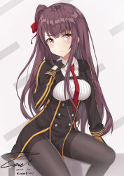 Rule 34 | 1girl, artist name, black dress, black gloves, black pantyhose, blush, closed mouth, collared shirt, cropped jacket, dated, dress, girls&#039; frontline, gloves, jacket, long hair, long sleeves, looking at viewer, military, military uniform, necktie, one side up, open clothes, open jacket, pantyhose, pelvic curtain, purple hair, red eyes, red necktie, shirt, sidelocks, signature, sitting, solo, strap, thighband pantyhose, thighs, twitter username, underbust, unel1211, uniform, wa2000 (girls&#039; frontline), white shirt