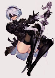 Rule 34 | 1girl, android, ass, black gloves, blindfold, boots, full body, gloves, hairband, high heel boots, high heels, holding, holding sword, holding weapon, hungry clicker, juliet sleeves, katana, leotard, lips, long sleeves, mole, mole under mouth, nier (series), nier:automata, puffy sleeves, short hair, simple background, solo, sword, thigh boots, thighhighs, weapon, white background, white hair, 2b (nier:automata)