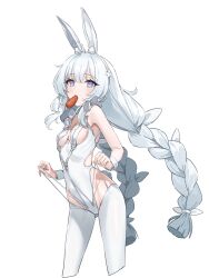 Rule 34 | + +, 1girl, absurdres, animal ear fluff, animal ears, azur lane, bare shoulders, blue eyes, blush, braid, breasts, carrot, clothes lift, controlline3, cropped legs, cross-shaped pupils, fake animal ears, food in mouth, frills, hands up, highres, le malin (azur lane), le malin (listless lapin) (azur lane), leotard, long hair, looking at viewer, nontraditional playboy bunny, official alternate costume, pink nails, rabbit ears, simple background, small breasts, solo, symbol-shaped pupils, teeth, thighhighs, twin braids, upper teeth only, very long hair, white background, white hair, white leotard, white thighhighs, wrist cuffs