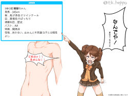 Rule 34 | 1girl, breast conscious, brown hair, censored, commentary request, constricted pupils, cosplay, flat chest, groin, highres, kantai collection, miniskirt, navel, open mouth, pointing, ribs, ryuujou (kancolle), school uniform, shindan maker, skirt, solo, suzuya (kancolle), suzuya (kancolle) (cosplay), takasugi heppu, tears, translation request, twintails, twitter username