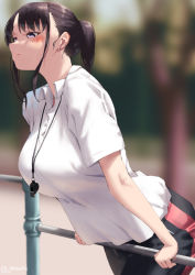 Rule 34 | 1girl, black hair, black pants, blurry, blurry background, blush, breasts, collared shirt, commentary request, earrings, horizontal bar, jewelry, jonsun, large breasts, mole, mole under eye, original, pants, ponytail, shirt, short sleeves, sidelocks, solo, tree, whistle, whistle around neck, white shirt