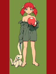 Rule 34 | 1girl, bare shoulders, barefoot, boxing gloves, clothes pull, feet, flat color, green background, naked shirt, pillarboxed, red background, red hair, shirt, shirt pull, solo, stuffed animal, stuffed rabbit, stuffed toy, twintails