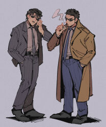 Rule 34 | 2boys, black footwear, black hair, blazer, brown coat, character request, cigarette, closed mouth, coat, collared shirt, commentary request, endou yuuji, formal, full body, grey background, grey jacket, grey necktie, grey pants, highres, holding, holding cigarette, inudori, jacket, kaiji, male focus, multiple boys, necktie, open clothes, open coat, open jacket, open mouth, pants, shirt, shoes, short bangs, short hair, simple background, smoking, suit, sunglasses, very short hair, white shirt