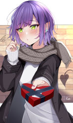 Rule 34 | 1girl, alternate costume, alternate hair length, alternate hairstyle, black jacket, blush, brick wall, casual, chocolate, demon tail, ear blush, earrings, flat chest, food, giving, green eyes, green nails, twirling hair, hand up, highres, holding, holding chocolate, holding food, hololive, jacket, jewelry, letterboxed, multicolored hair, multicolored nails, nail polish, open clothes, open jacket, parted lips, pointy ears, purple hair, red nails, rei (rei 9146), scarf, signature, solo, streaked hair, stud earrings, sweater, tail, tokoyami towa, valentine, virtual youtuber, white background, white sweater