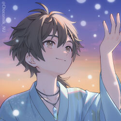 Rule 34 | 1boy, aged down, blue kimono, blush, brown eyes, brown hair, child, chocomilk nu, eiden (nu carnival), gem, hair ornament, hairclip, japanese clothes, jewelry, kimono, long sleeves, looking up, male focus, necklace, nu carnival, short hair, smile
