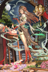 1girl absurdres ahoge al_guang animal architecture bare_legs bare_shoulders black_dress black_footwear breasts brown_hair chair closed_mouth colored_extremities commentary detached_sleeves dress east_asian_architecture from_behind full_body hair_ornament hand_up high_heels highres honkai:_star_rail honkai_(series) large_breasts legs lingsha_(honkai:_star_rail) long_hair looking_at_viewer night night_sky orange_eyes pointy_ears red_hands short_sleeves sidelocks sky smile solo white_sleeves