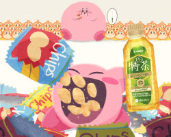 Rule 34 | !, bag, before and after, blush stickers, bottle, brand name imitation, chips (food), eating, food, green tea, holding, holding bag, holding bottle, kirby, kirby (series), miclot, nintendo, no humans, open mouth, pink footwear, potato chips, shoes, simple background, smile, suntory, tea, waddle dee, white background