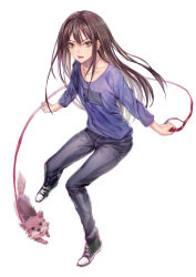 Rule 34 | 10s, 1girl, bad id, bad pixiv id, brown hair, casual, denim, dog, green eyes, hanako (idolmaster), highres, idolmaster, idolmaster cinderella girls, infukun, jeans, jewelry, leash, long hair, necklace, open mouth, pants, purple shirt, shibuya rin, shirt, simple background, smile, solo