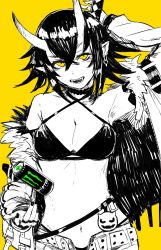Rule 34 | 1girl, armpits, bare shoulders, belt, bra, breasts, choker, commentary request, criss-cross halter, crossed bangs, earrings, energy drink, fingernails, greyscale, greyscale with colored background, hair between eyes, halterneck, hand up, highres, horns, jacket, jewelry, katana, kumonji aruto, large breasts, looking at viewer, monochrome, monster energy, navel, off shoulder, oni, oni horns, open clothes, open jacket, open mouth, original, panties, pointy ears, short hair, simple background, sketch, solo, standing, sword, underwear, weapon, weapon on back, yellow background, yellow eyes