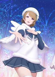 Rule 34 | 10s, 1girl, alternate costume, blue bow, blue skirt, bon nob, bow, brown hair, capelet, church, cowboy shot, from below, fur trim, glass, hand on own chest, hat, koizumi hanayo, lace, lace-trimmed skirt, lace trim, long sleeves, looking at viewer, love live!, love live! school idol festival, love live! school idol project, miniskirt, outstretched arm, pleated skirt, pom pom (clothes), purple eyes, reaching, ribbon, short hair, signature, skirt, solo, spread fingers, striped, striped bow, swept bangs, thighhighs, white thighhighs, white wings, wings