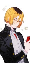 Rule 34 | 1boy, black jacket, blonde hair, buttons, cellphone, gakuran, haikyuu!!, highres, holding, holding phone, jacket, kozume kenma, long sleeves, looking at viewer, male focus, mgmg 1012, multicolored hair, open clothes, open jacket, parted lips, paw print, paw print background, phone, school uniform, shirt, short hair, solo, two-tone hair, white shirt, yellow eyes