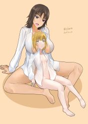 Rule 34 | 10s, 2girls, absurdres, arm support, barefoot, between breasts, black eyes, black hair, blonde hair, blunt bangs, bottomless, breasts, breasts apart, closed mouth, commentary, cutlass (girls und panzer), dated, dress shirt, flat chest, girls und panzer, head between breasts, highres, irukatto, large breasts, leaning back, long hair, long sleeves, multiple girls, murakami (girls und panzer), naked shirt, open clothes, open mouth, open shirt, orange background, shirt, short hair, simple background, sitting, smile, sweatdrop, twitter username, white shirt, yellow eyes, yuri
