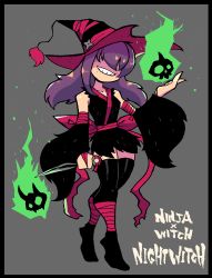 Rule 34 | 1girl, absurdres, black border, black thighhighs, border, covered eyes, detached sleeves, facing viewer, flaming skull, floating skull, full body, grey background, grin, hair over eyes, hand up, hat, highres, holding, holding weapon, kunai, long sleeves, looking at viewer, magic, ninja, original, purple hair, rariatto (ganguri), simple background, smile, solo, thighhighs, tiptoes, weapon, witch