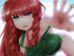 Rule 34 | 1girl, all fours, backlighting, braid, breasts, chemise, commentary request, drooling, female focus, green eyes, half-closed eyes, hong meiling, large breasts, md5 mismatch, no pants, off shoulder, open mouth, panties, red hair, shirosato, solo, strap slip, touhou, twin braids, underwear, underwear only, white panties