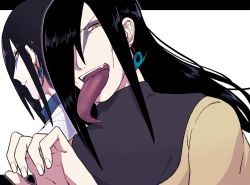 Rule 34 | 2boys, closed mouth, dual persona, earrings, facepaint, fangs, fingernails, hair over one eye, jewelry, letterboxed, long hair, long sleeves, long tongue, looking at viewer, looking back, multiple boys, naruto, naruto (series), ninja, open mouth, orochimaru (naruto), pale skin, simple background, smile, tongue, v-shaped eyebrows, white background, yazaki (yazakc), yellow eyes