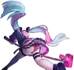 Rule 34 | 1girl, artist request, ass, attack, back, blue hair, breasts, choker, chrono ark, dress, earrings, fighting stance, fishnet thighhighs, fishnets, frilled dress, frills, from behind, game cg, hair ornament, hammer, highres, holding, holding hammer, holding weapon, jacket, jewelry, large breasts, long hair, momori (chrono ark), multicolored hair, non-web source, official art, open clothes, open jacket, panties, pink hair, pink panties, shoes, single earring, sneakers, thighhighs, thighs, transparent background, twintails, two-tone hair, underwear, upskirt, weapon