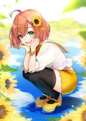 Rule 34 | 1girl, :d, absurdres, ahoge, bangle, black thighhighs, blush, bracelet, flower, frilled sleeves, frills, full body, green eyes, hair flower, hair ornament, hairclip, hands on own cheeks, hands on own face, highres, honma himawari, jewelry, looking at viewer, mamo (fortune-mm), mary janes, nijisanji, open mouth, red hair, round teeth, shirt, shoes, short hair, short shorts, short sleeves, shorts, smile, solo, squatting, sunflower, sunflower hair ornament, teeth, thighhighs, upper teeth only, virtual youtuber, water, white shirt, yellow flower, yellow footwear, yellow shorts