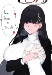 Rule 34 | 1girl, absurdres, black hair, blue archive, blunt bangs, blush, bra, grabbing another&#039;s breast, breasts, grabbing, guided breast grab, guiding hand, halo, heart, hetero, highres, hime cut, huge breasts, large breasts, long hair, looking at viewer, naykainaw, parted lips, pov, pov hands, red eyes, rio (blue archive), smile, sweater, turtleneck, turtleneck sweater, underwear, white sweater