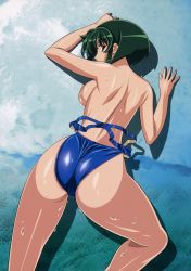 Rule 34 | 00s, 1girl, all fours, ass, back, barnette orangello, black eyes, breast press, breasts, clothes pull, competition swimsuit, duplicate, female focus, gradient background, green hair, highres, kuroda kazuya, large breasts, looking back, nail polish, one-piece swimsuit, one-piece swimsuit pull, shadow, short hair, solo, sweat, swimsuit, thighhighs, thighs, topless, vandread, wet