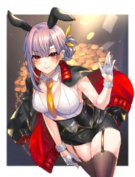 Rule 34 | 1girl, animal ears, black jacket, black shorts, blush, breasts, brown thighhighs, closed mouth, coin, collarbone, collared shirt, commentary request, garter straps, gloves, grey gloves, hair ribbon, half gloves, jacket, jacket on shoulders, long sleeves, medium breasts, neckerchief, original, partially fingerless gloves, purple hair, rabbit ears, red eyes, ribbon, shikino yuki, shirt, short shorts, shorts, sidelocks, smile, solo, thighhighs, white shirt, yellow neckerchief, yellow ribbon
