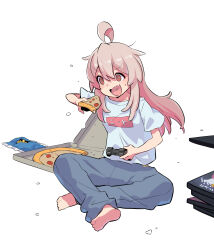 Rule 34 | 1girl, ahoge, barefoot, collarbone, controller, eating, food, genderswap, genderswap (mtf), highres, holding, holding controller, holding food, long hair, nunvora, onii-chan wa oshimai!, open mouth, orange eyes, oyama mahiro, pants, pink hair, pizza, pizza box, pizza slice, playing games, playstation controller, shirt, sitting, snack, solo, t-shirt