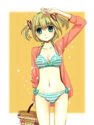 Rule 34 | 1girl, bad id, bad pixiv id, bag, basket, bikini, blonde hair, blunt bangs, blush, border, eyebrows, green eyes, holding, jacket, long sleeves, looking at viewer, open clothes, open jacket, open shirt, original, rorokue;n, shirt, short hair, solo, sparkle, standing, striped bikini, striped clothes, swimsuit, twintails