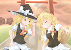 Rule 34 | 2girls, ahoge, animal ears, apron, blonde hair, bow, braid, broom, clenched hand, expressionless, closed eyes, fox ears, fox tail, grin, hair ribbon, hand on own hip, hat, hat bow, hat ribbon, highres, kirisame marisa, leaning forward, long hair, looking at another, multiple girls, no headwear, no headwear, outdoors, outstretched arm, puffy short sleeves, puffy sleeves, ribbon, short sleeves, shou (ahiru shinobu), single braid, skirt, skirt set, smile, tail, torii, touhou, tress ribbon, twilight, waist apron, white bow, witch hat, yellow eyes, youkai fox (touhou), youkai fox (wild and horned hermit)